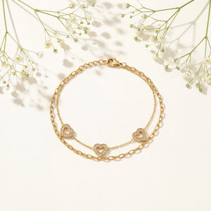 Gold Plated Double Layer Chain Bracelet with Heart Shaped White Stone Halo Charm Stations