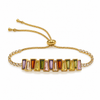Gold Plated Adjustable Slider Bolo Bracelet with Multicolor Rainbow Baguette Stone Tennis Center
