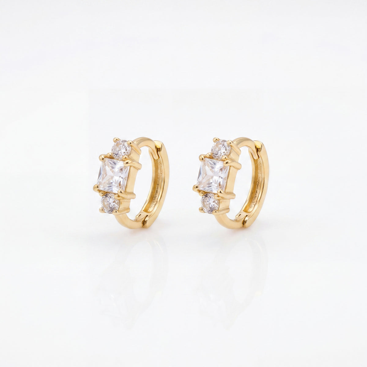 Gold Plated Three Stone Princess CZ Huggie Hoop Earrings