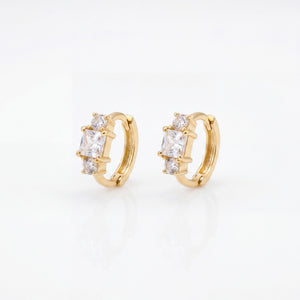Gold Plated Three Stone Princess CZ Huggie Hoop Earrings