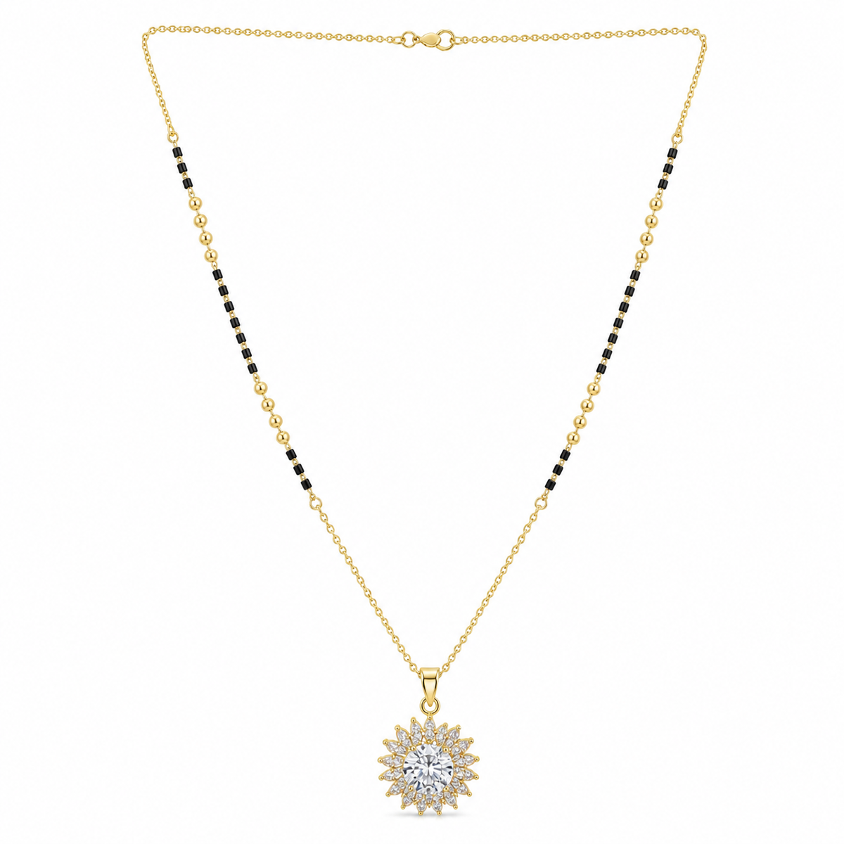 KZ Gold Plated Round Halo Solitaire CZ Mangalsutra for Women Black Bead Chain Big Stone Pendant FS