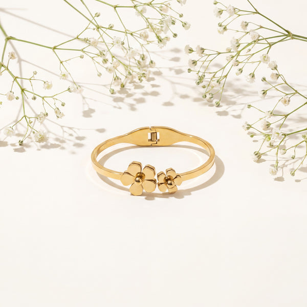 Dual Daisy Flower Centerpiece Baby Kada Bangle | Gold Plated Floral Charm Cuff Bracelet for Women
