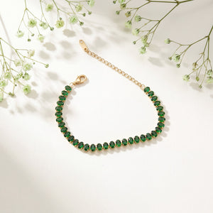 Gold Plated Continuous Oval Green Stone Tennis Bracelet with Adjustable Chain and Lobster Clasp