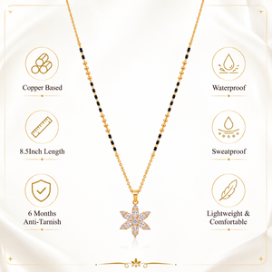 KZ Gold Plated Marquise Starburst CZ Mangalsutra for Women Black Bead Chain Flower Star Pendant FS