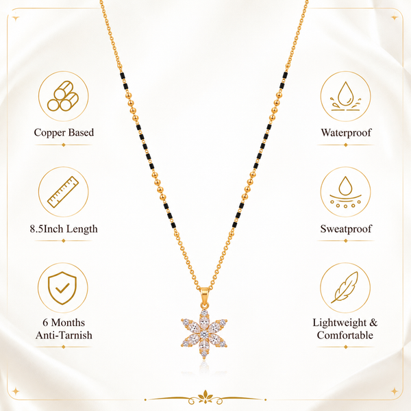KZ Gold Plated Marquise Starburst CZ Mangalsutra for Women Black Bead Chain Flower Star Pendant FS