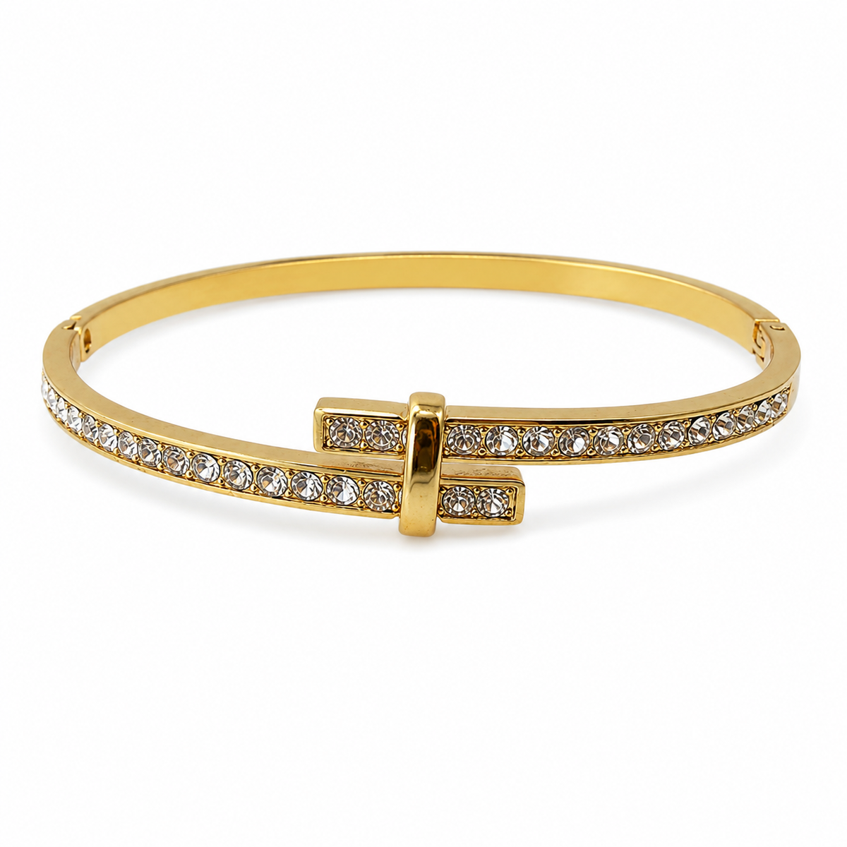 Gold Single Row Round Diamond Oval Kada for Women | Delicate Stone Band Stainless Steel Ladies Bangle | Classic Festive Jewellery