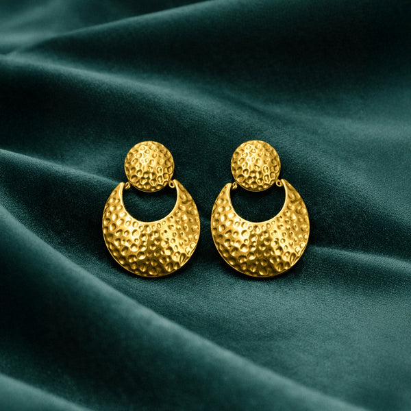 Anti-Tarnish Gold Plated Hanging Absolute Abstract Earrings by House of Viya on green fabric background