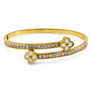 Gold Scattered Diamond Station Oval Kada for Women | Prong Set Floating Stone Stainless Steel Ladies Bangle | Modern Festive Jewellery