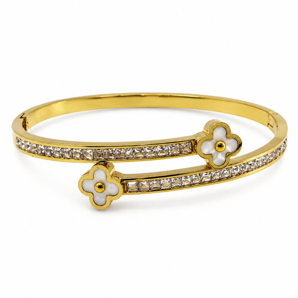 Gold Scattered Diamond Station Oval Kada for Women | Prong Set Floating Stone Stainless Steel Ladies Bangle | Modern Festive Jewellery
