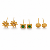 Earrings Gold Snowflake, Emerald Square & Textured Dome Stud Earrings Set of 3 Pairs