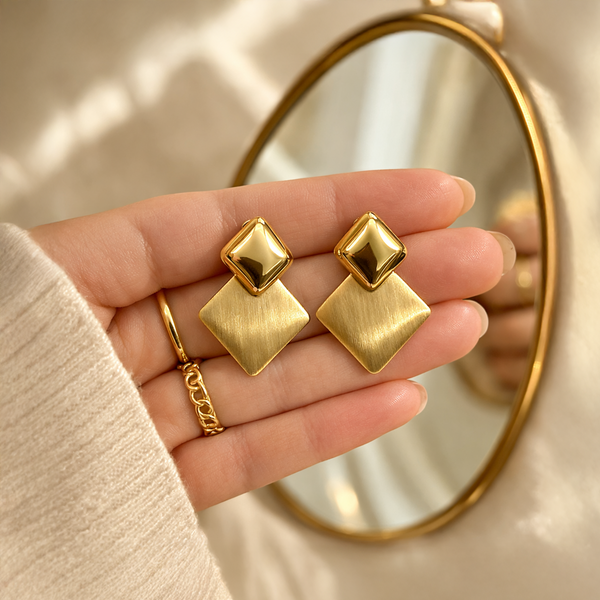 Anti-Tarnish Gold Plated Gold Stud with Gold Square Earrings - 1 Pair