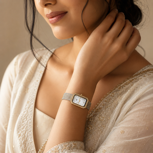 Watches Two-Tone Rectangular Dial Crystal Studded Bezel Bracelet Watch for Women