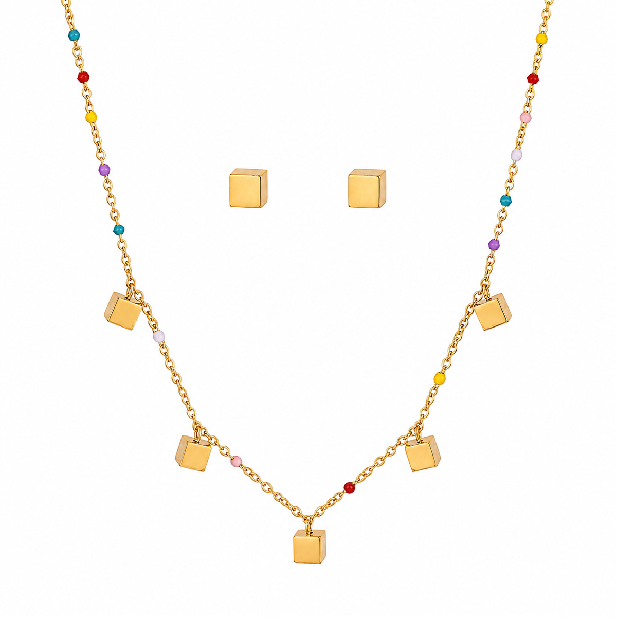 Anti tranish Gold plated 150 No. Minimal square drop pendant Chain with Studd square earring for adults - 1 Pc
