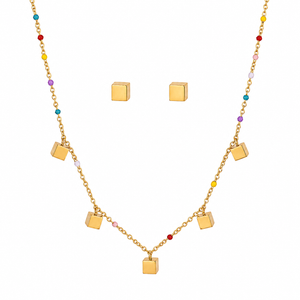 Anti tranish Gold plated 150 No. Minimal square drop pendant Chain with Studd square earring for adults - 1 Pc