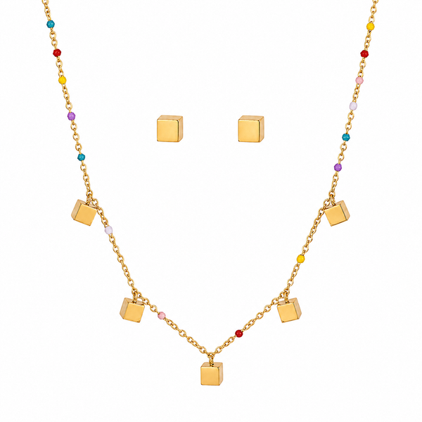 Anti tranish Gold plated 150 No. Minimal square drop pendant Chain with Studd square earring for adults - 1 Pc