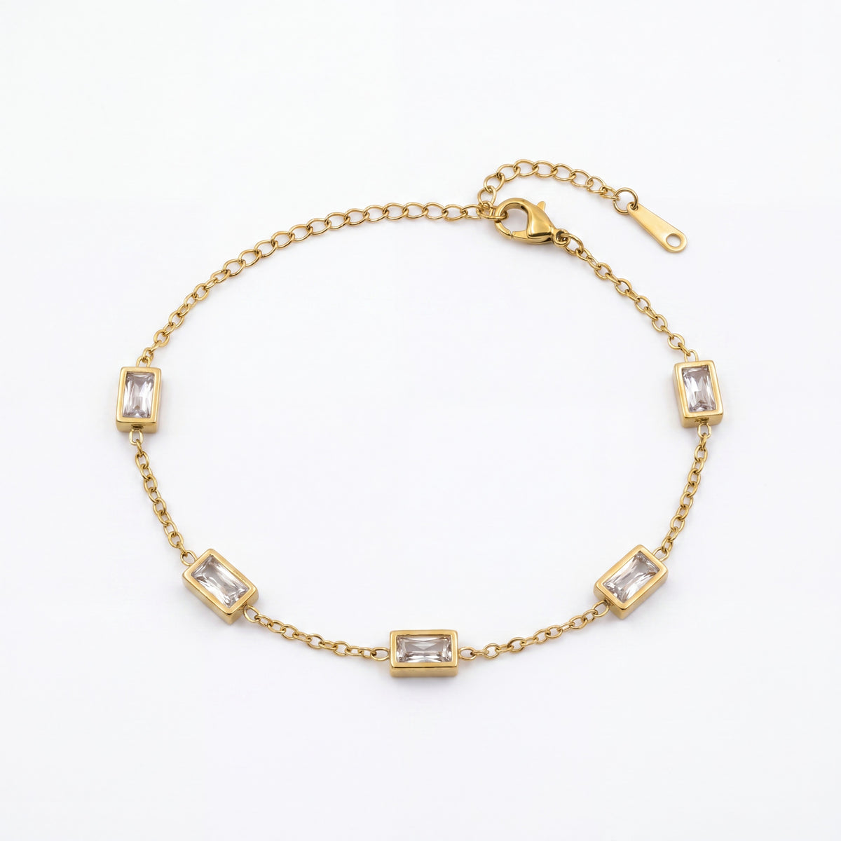 Gold Plated Emerald Cut White Rectangular Stone Bezel Station Chain Bracelet with Lobster Clasp