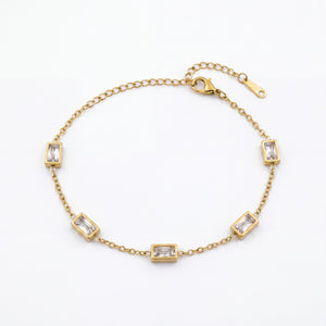 Gold Plated Emerald Cut White Rectangular Stone Bezel Station Chain Bracelet with Lobster Clasp