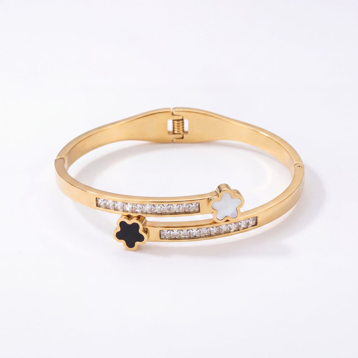Mother of Pearl Flower Dual Band Baby Kada Bangle | Gold Plated Pave CZ Onyx Floral Cuff for Women