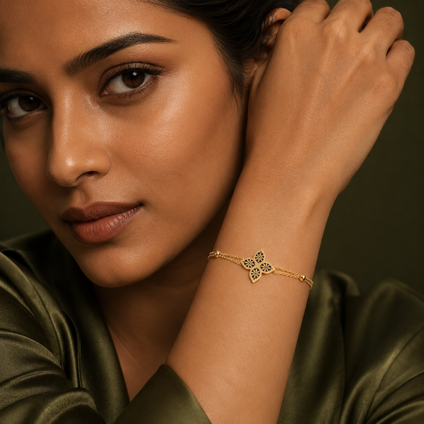 Gold Plated Oval Link Chain Bracelet with Interlocking Double Circle White Stone Halo Charm Center