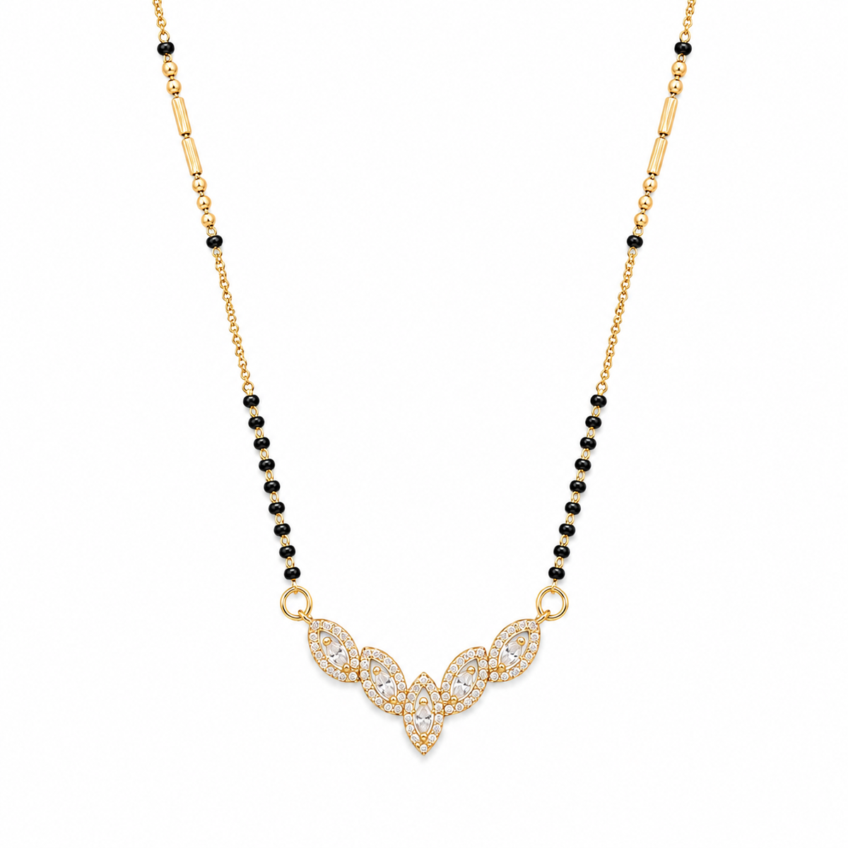 KZ Gold Plated Marquise Cluster CZ Mangalsutra for Women Black Bead Chain Floral Fan Pendant FS