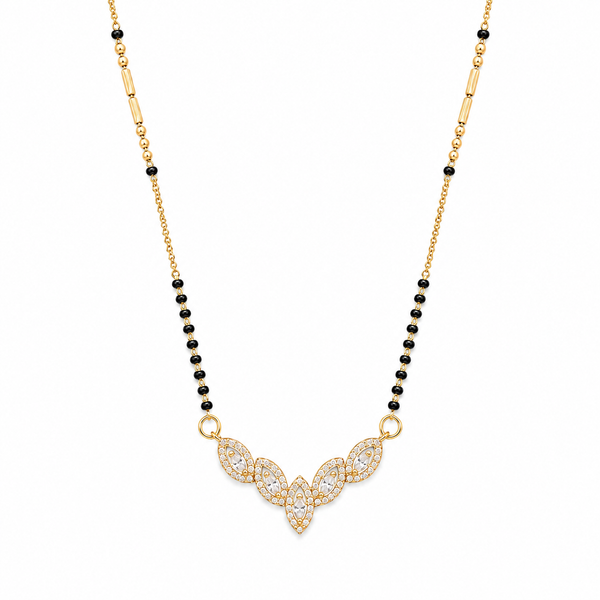 KZ Gold Plated Marquise Cluster CZ Mangalsutra for Women Black Bead Chain Floral Fan Pendant FS