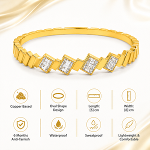 Gold Starburst Radiant Diamond Oval Kada for Women | Sunburst Stone Pattern Quick Stainless Steel Ladies Bangle | Glamour Festive Jewellery