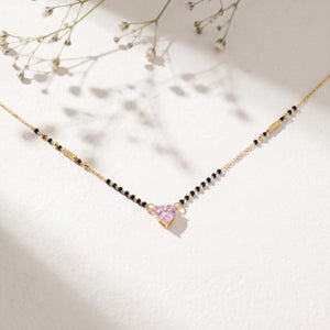 KZ Gold Plated Pink Heart Solitaire CZ Mangalsutra for Women Black Bead Chain Love Pendant FS