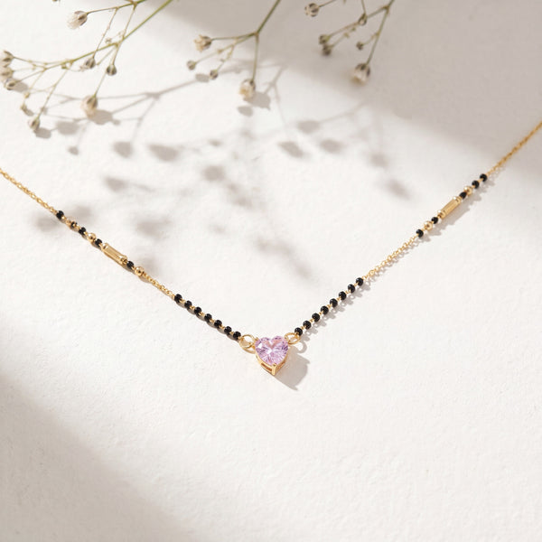 KZ Gold Plated Pink Heart Solitaire CZ Mangalsutra for Women Black Bead Chain Love Pendant FS