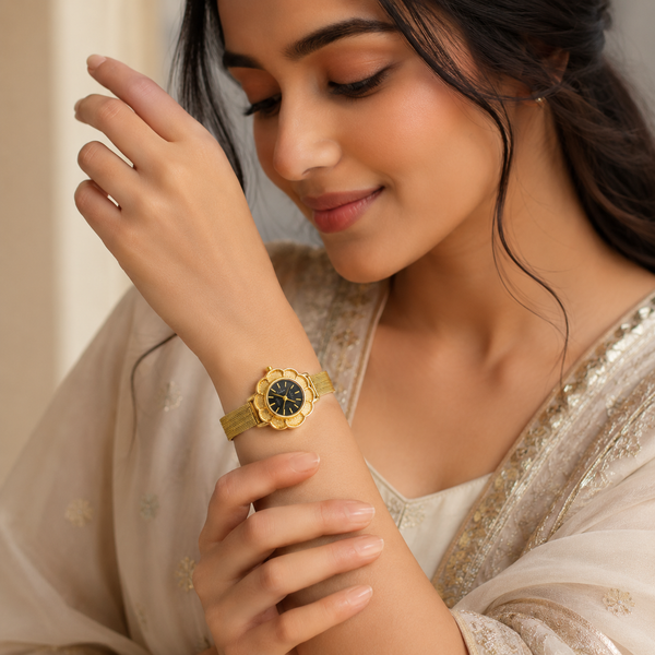 Watches Gold-Tone Flower Dial Black Face Mesh Bracelet Watch for Women