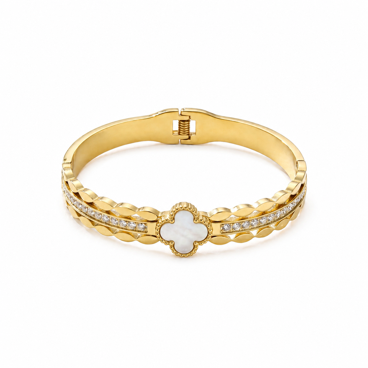 Mother of Pearl Clover Linked Baby Kada Bangle | Gold Plated Quatrefoil Lucky Cuff Bracelet for Women