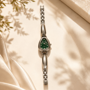 Watches Silver-Tone Pear Shape Dial Green Stone Bracelet Watch for Women