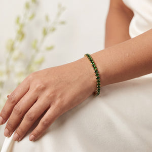 Gold Plated Continuous Oval Green Stone Tennis Bracelet with Adjustable Chain and Lobster Clasp