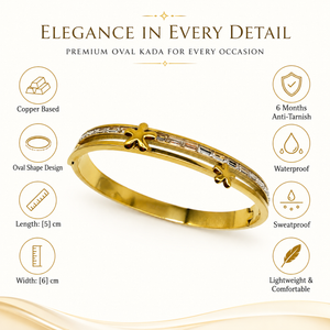 Gold Cushion Diamond Bezel Oval Kada for Women | Square Halo Stone Stainless Steel Ladies Bangle | Refined Festive Jewellery