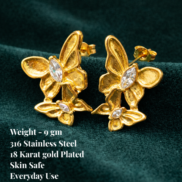 Anti-Tarnish Gold Plated Hanging 2 Butterfly Earrings - 1 Pair