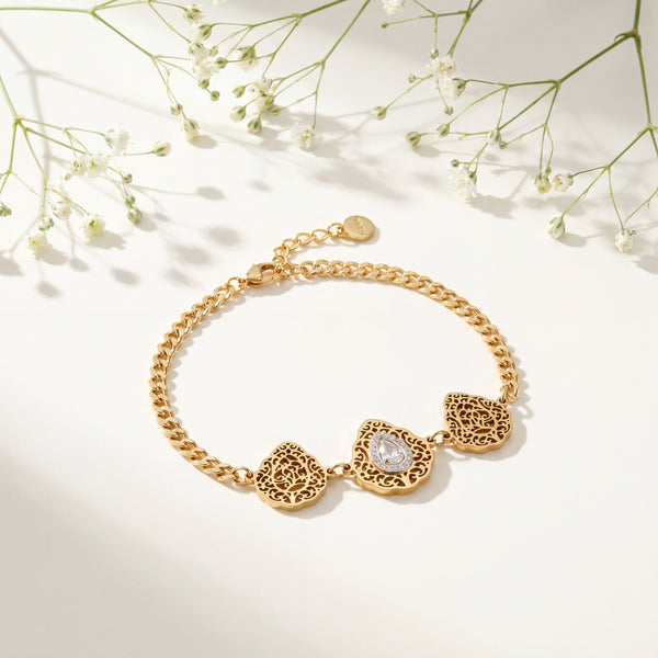 Gold Plated Chain Bracelet with Three Rhombus Filigree Medallion Stations and White Stone Centers