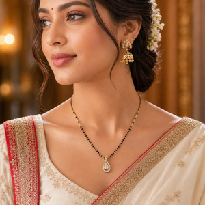 KZ Gold Plated Pear Halo CZ Mangalsutra for Women Black Bead Chain Teardrop Solitaire Pendant FS