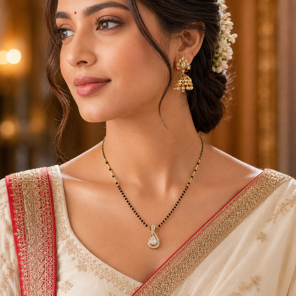 KZ Gold Plated Pear Halo CZ Mangalsutra for Women Black Bead Chain Teardrop Solitaire Pendant FS