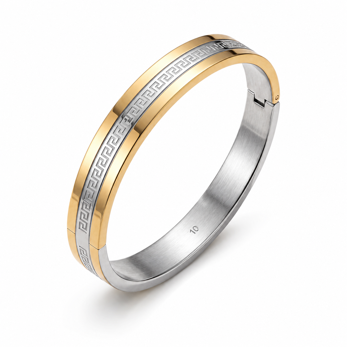 Men's Two-Tone Silver & Gold Plated Stainless Steel Engraved-Pattern Open Cuff Kada