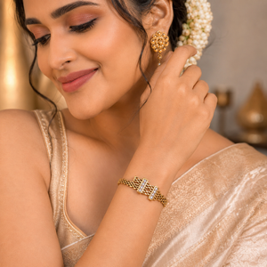 Gold Tension Set Diamond Oval Kada for Women | Floating Solitaire Stainless Steel Ladies Bangle | Minimalist Design Jewellery