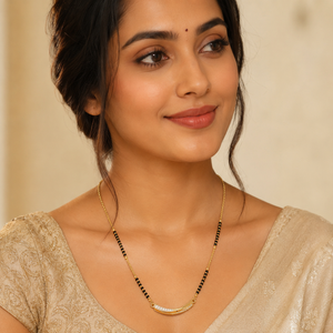 KZ Gold Plated Curved Arc Bar CZ Mangalsutra for Women Black Bead Chain Banana Curve Pendant FS