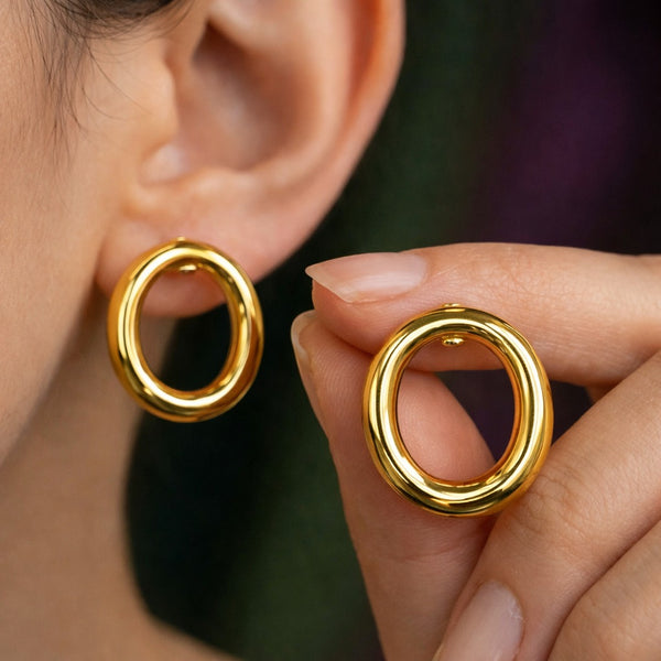 Anti-Tarnish Gold Plated Oval Earrings - 1 Pair
