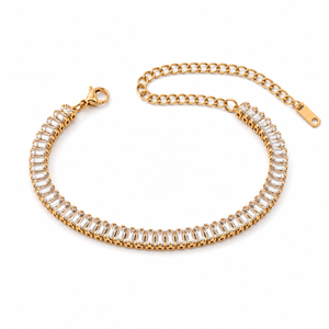 Gold Plated Rectangular Baguette White Stone Continuous Tennis Bracelet with Lobster Clasp