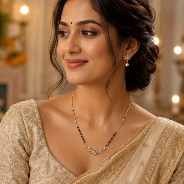 KZ Gold Plated Marquise Cluster CZ Mangalsutra for Women Black Bead Chain Floral Fan Pendant FS