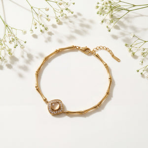 Gold Plated Bamboo Bar Link Bracelet with Rhombus Pink Stone Halo Centrepiece and Lobster Clasp