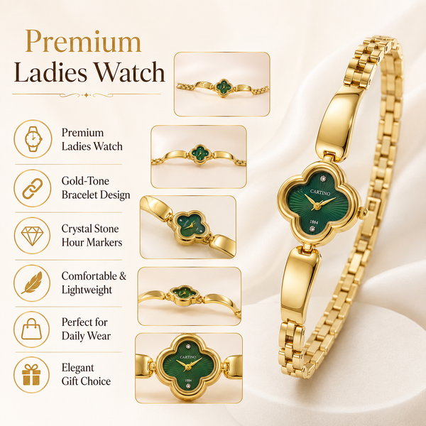 Watches Gold-Tone Clover Shape Green Dial Chain Bracelet Watch for Women