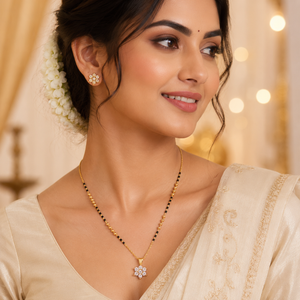 KZ Gold Plated Star Cluster CZ Mangalsutra for Women Black Bead Chain 6 Point Star Pendant FS