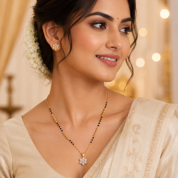 KZ Gold Plated Star Cluster CZ Mangalsutra for Women Black Bead Chain 6 Point Star Pendant FS