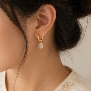 Earrings Rectangle Halo Drop Hoop, Emerald Rectangle Halo & Gold Triangle Stud Earrings Set of 3 Pairs