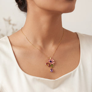 Gold Pink Petal Purple Stone Flower Pendant Chain Anti-Tarnish Necklace