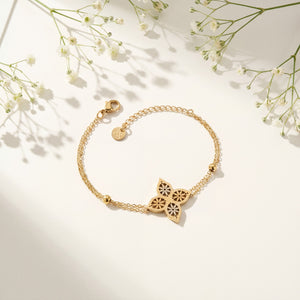 Gold Plated Delicate Chain Bracelet with Twin Filigree Quatrefoil Clover Charm Center and Lobster Clasp